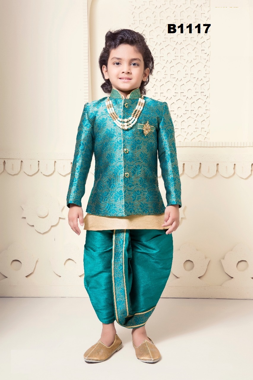 Green Silk Jacket-Kurta Pyjama & Dhoti Set for Children #30763 Buy Kids Dhoti Kurta