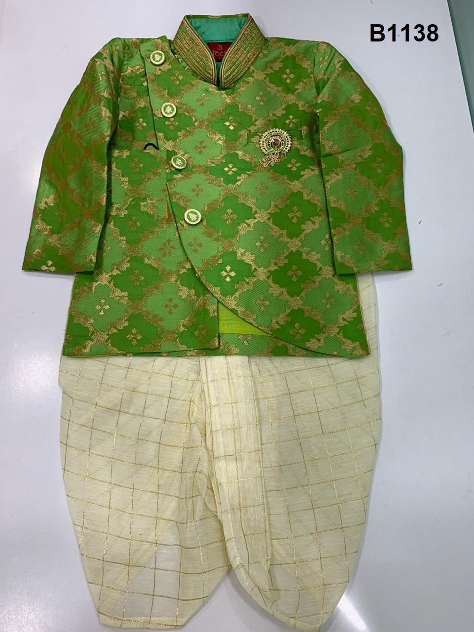 Banarasi Green Kurta w/ off white Checkered Dhoti for 6 Months to 2 Years Banarasi Green Kurta w/ off white Checkered Dhoti for 6 Months to 2 Years