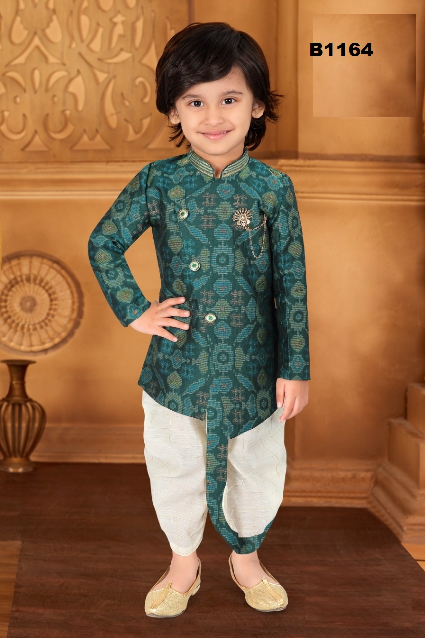Boys Patola Style Bottle Green Kurta W/ Off White Checkered Dhoti Suit  #47690 | DesiClik.com, USA