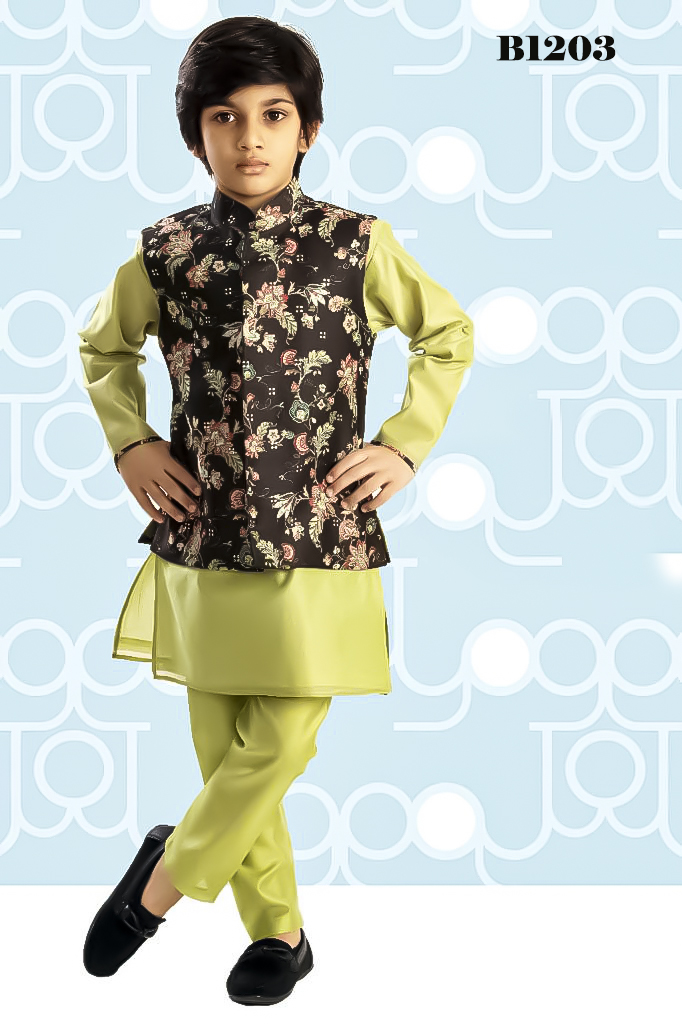 Boys Green Kurta W/dark brown Printed floral Design Coat W/ Pajama Boys Green Kurta W/dark brown Printed floral Design Coat W/ Pajama