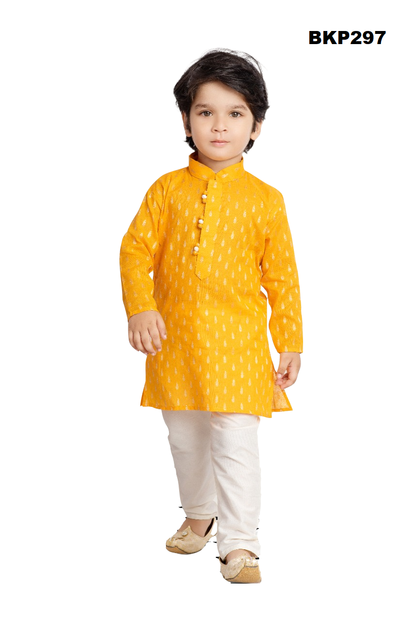 Boys Turmeric yellow with butti allover cotton Kurta Pajama Set