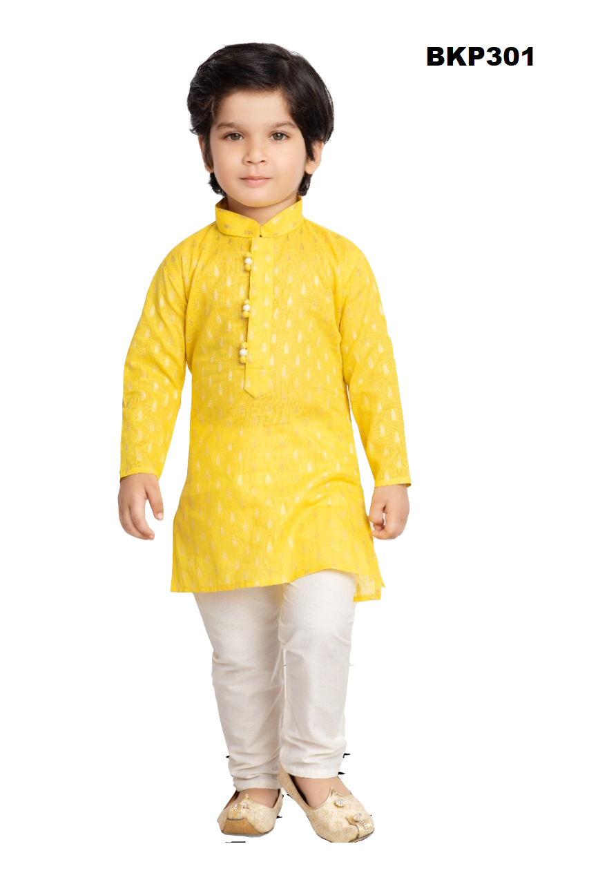 Boys Yellow Printed Muslin cotton Kurta Pajama Set