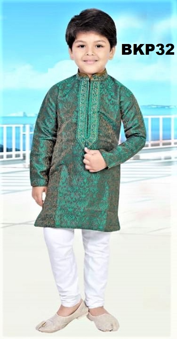 Kids Cotton Kurtha Pajama w/ Green Kurta & White Pajama 11 & 12 Yrs