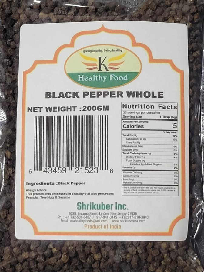 HEALTHY FOODS BLACK PEPPER WHOLE 200GM 
