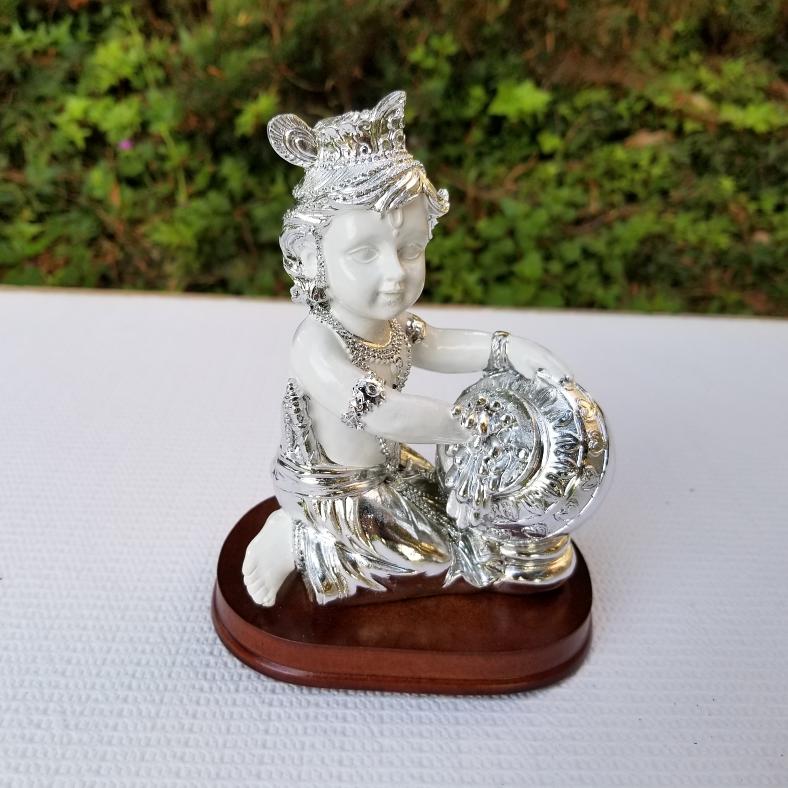 Kanha Baby Makhan Chor Murti w/ Silver Plating 6"