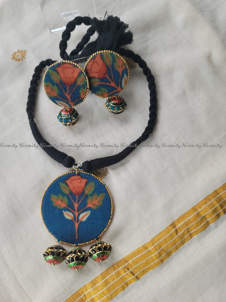Teal fabric jewelry-Meenakari beads-teal blue and orange-thread jewelry Teal fabric jewelry-Meenakari beads-teal blue and orange-thread jewelry