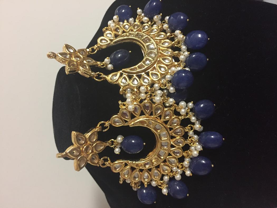 Chand Bali Style Golden Kundan Earrings w/ Blue Beads