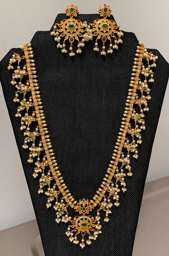 Royal Antique One Gram Gold Plated GuttaPulusu Long Haaram & Earrings!