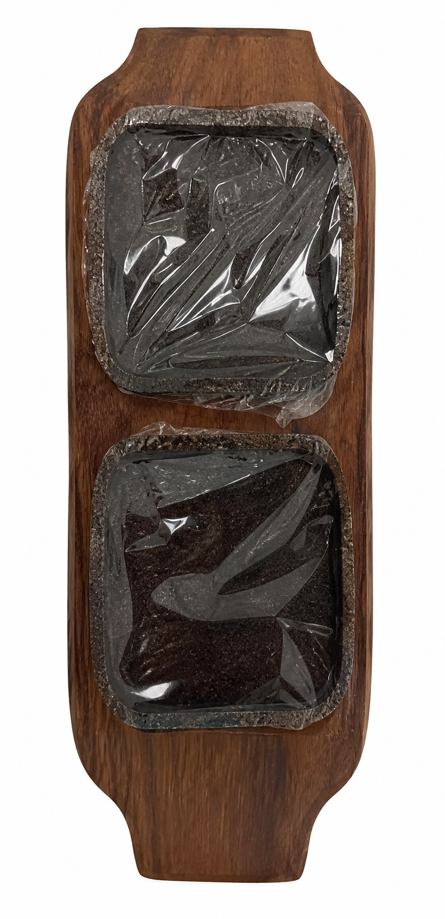 Sizzler Plate with Wooden Base in Rec. Shape W/2 Iron Plates - 14.5 x 6.25"