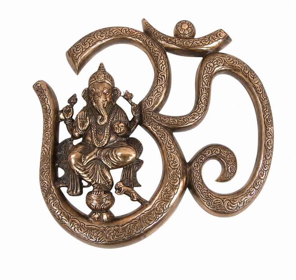 Black Metal Antique Wall Hanging Decor of Ganeshji W/ Om Symbol - 9.5"