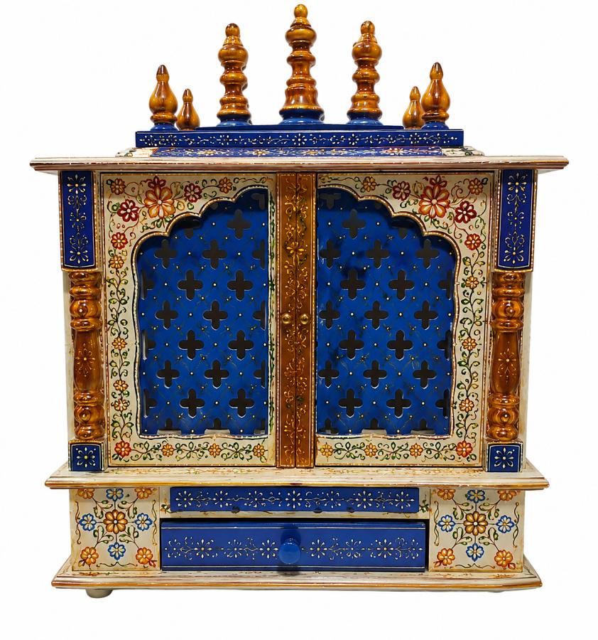 Handcrafted Blue & Gold Wooden Temple W/Door 18" Wide