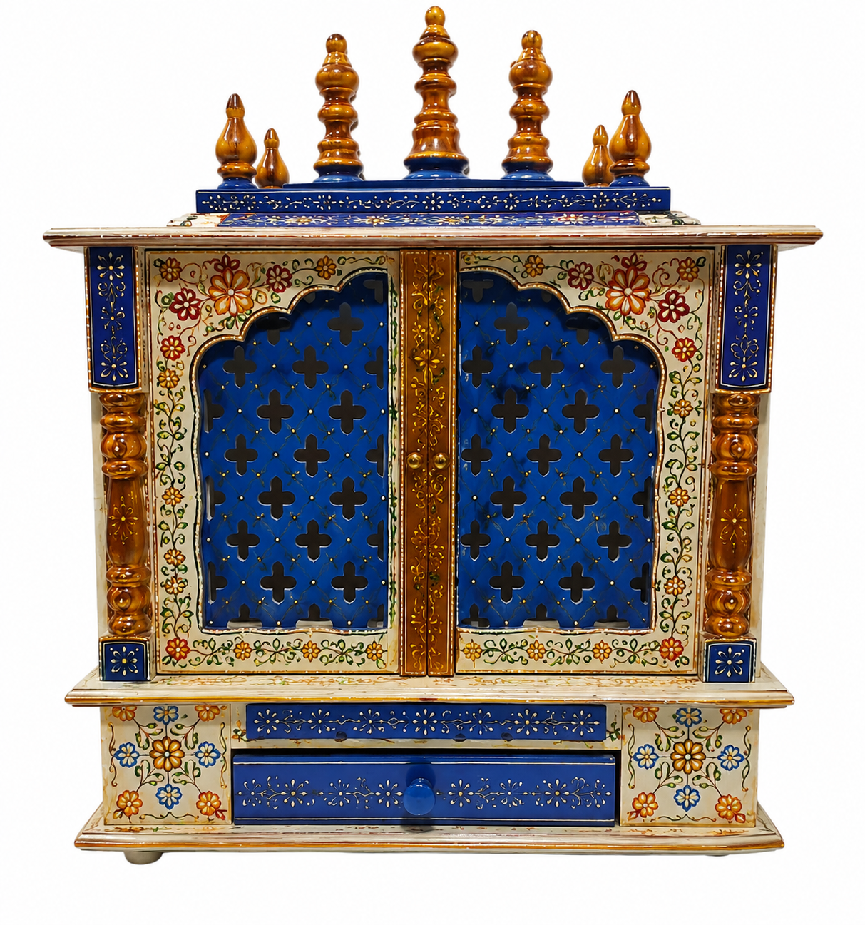 Handcrafted Blue & Gold Wooden Temple W/Door 18" Wide