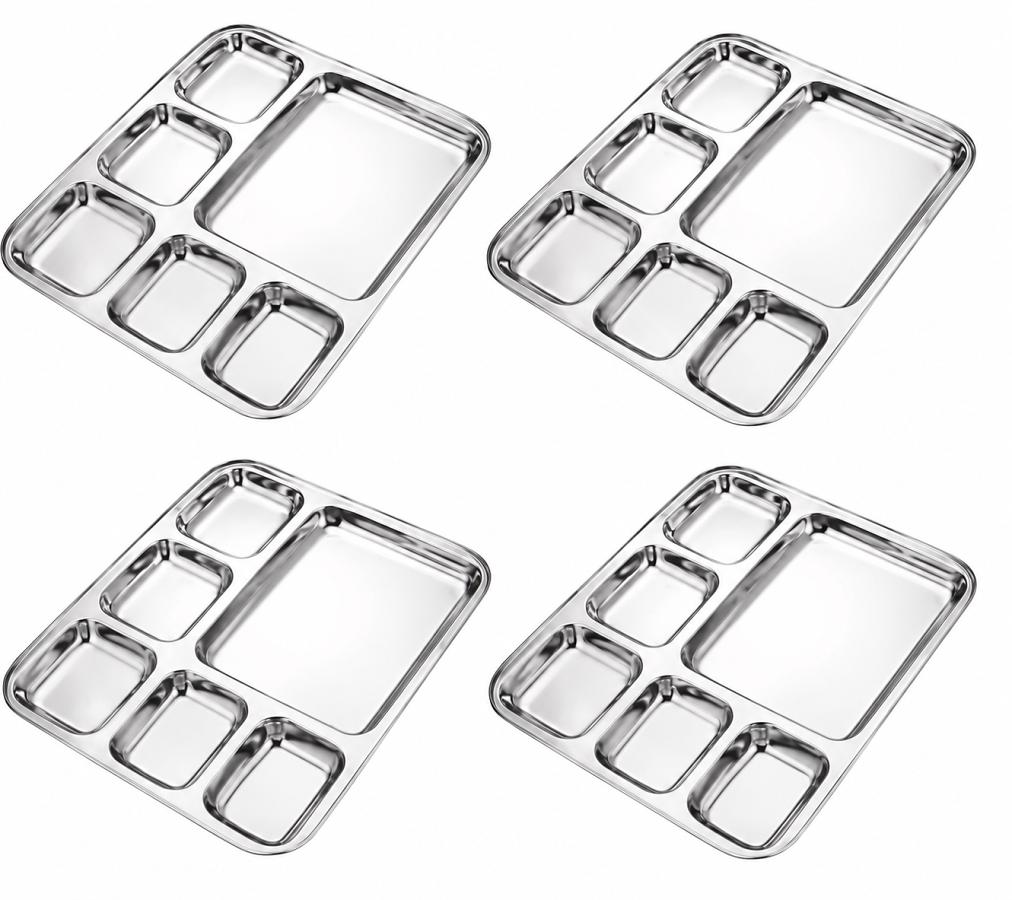 4 Pcs Large Stainless Steel Thali / Plate / Tray w/ 6 Compartments 14.5"