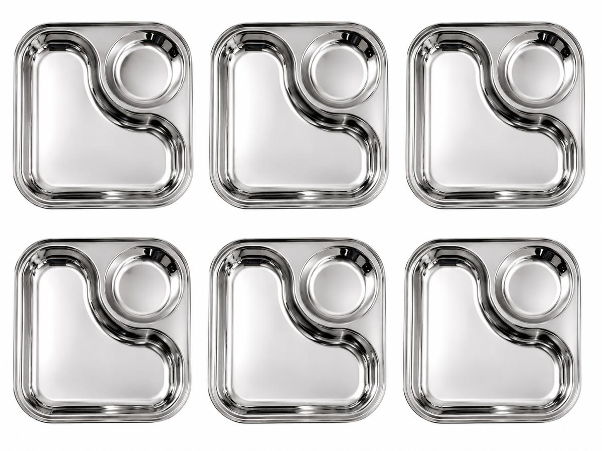 6 Pcs Stainless Steel Appetizer Snack Thali Plate w/ 2 Compartments