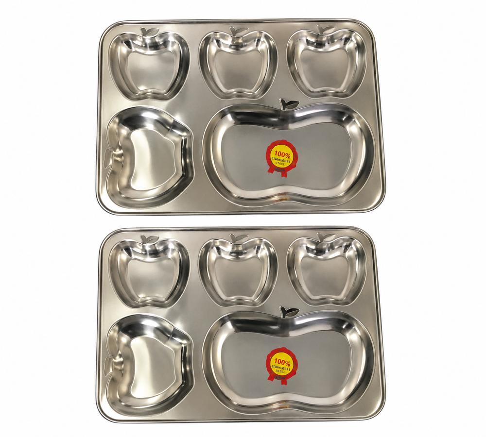 2 Pcs Stainless Steel Rectangle Thali in Apple Shape - 5 Compartments