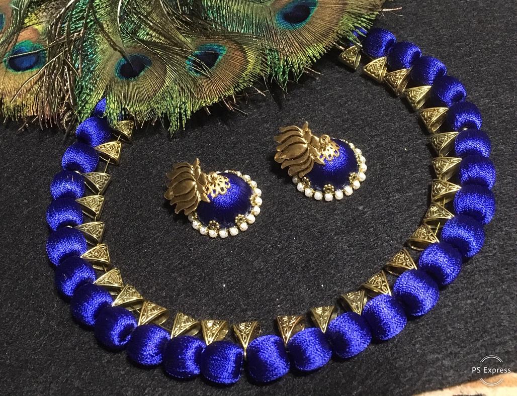 Bright Peacock Blue Silk Thread Designer Jewelry w/ Necklace & Jhumka Bright Peacock Blue Silk Thread Designer Jewelry w/ Necklace & Jhumka
