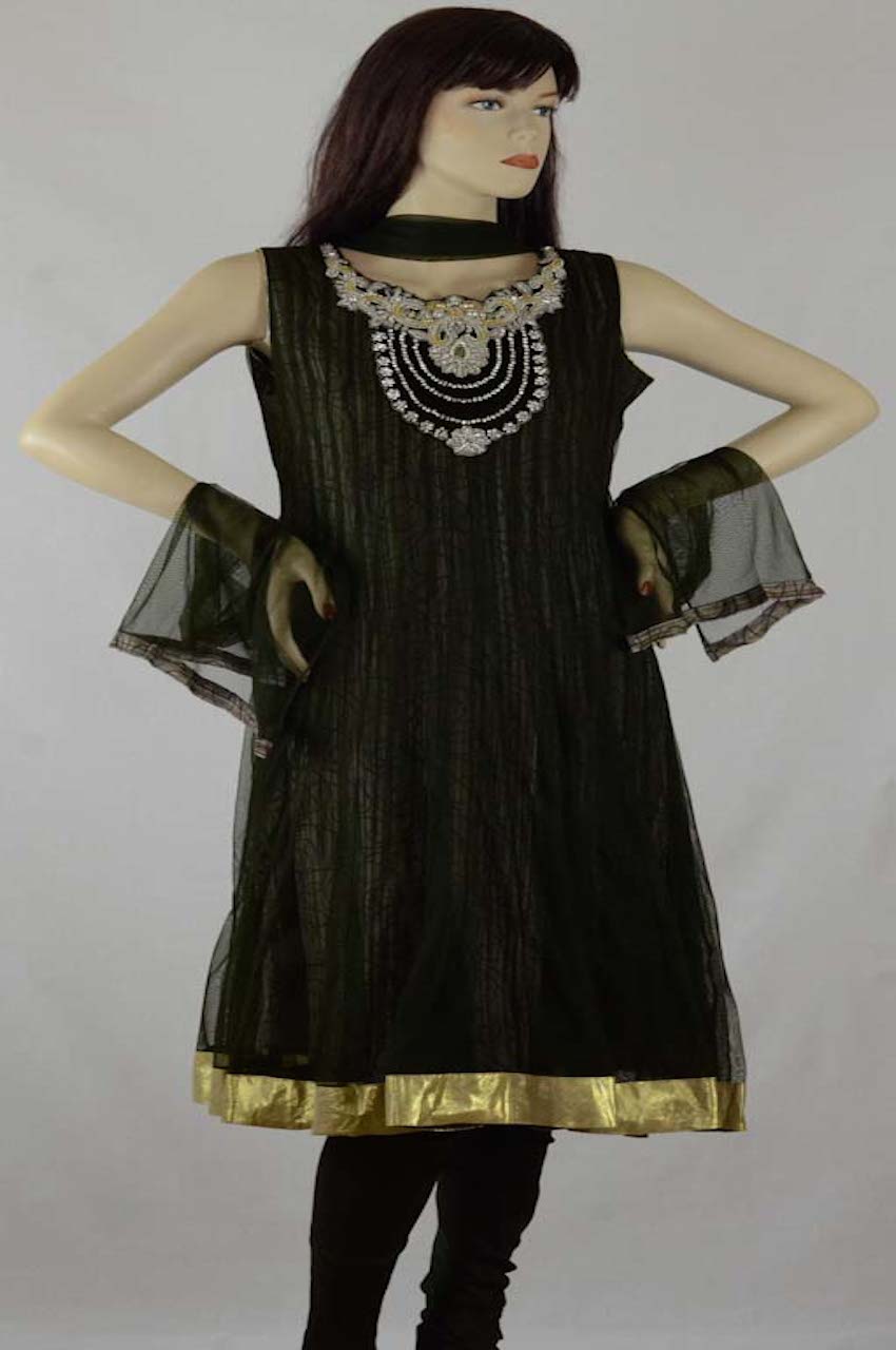 Dark Olive Green w/ Stones Net Readymade Churidar Kameez Suit Dark Olive Green w/ Stones Net Readymade Churidar Kameez Suit