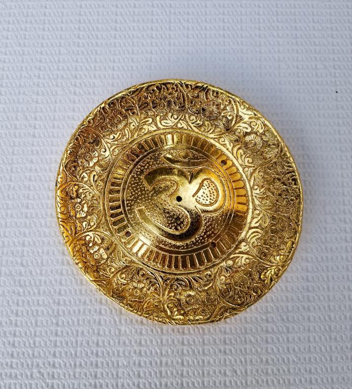 Golden Brass Incense Stick Holder w/ Traditional Om Print 5"