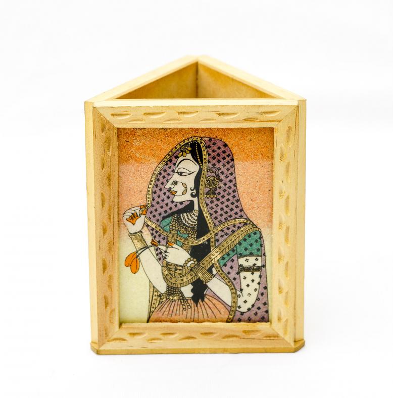 Wooden Pen Stand w/ Mughal Gemstone Artwork