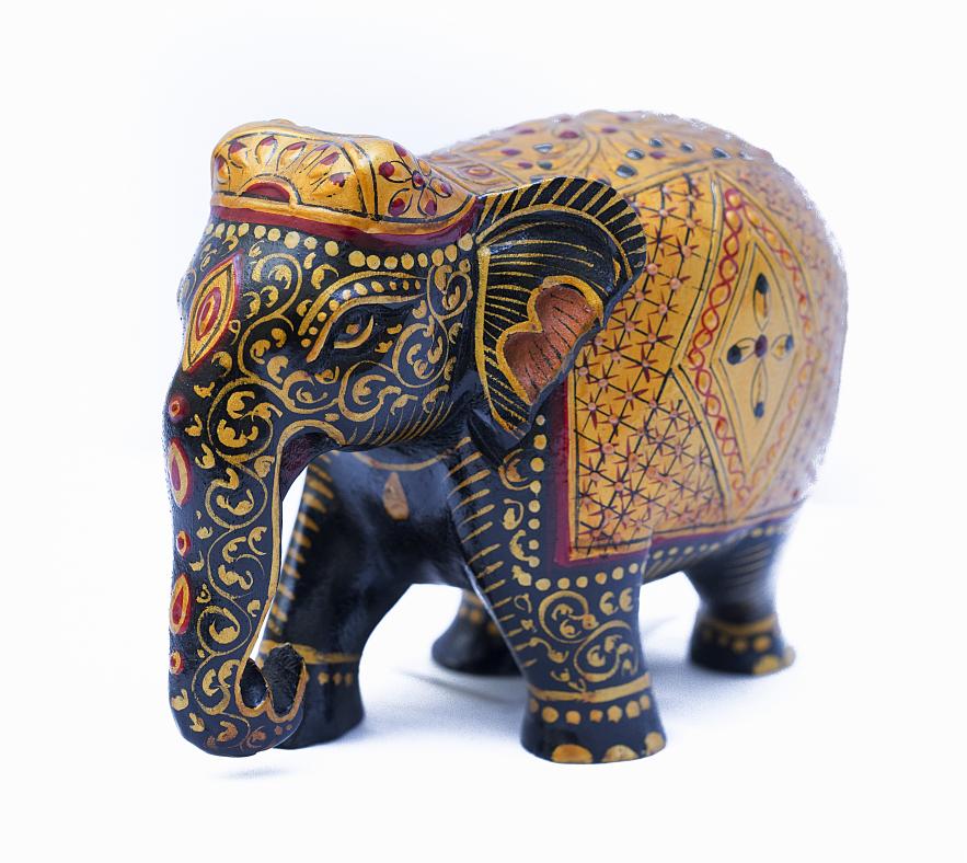 Carved Wooden Elephant Statue Intricately Painted