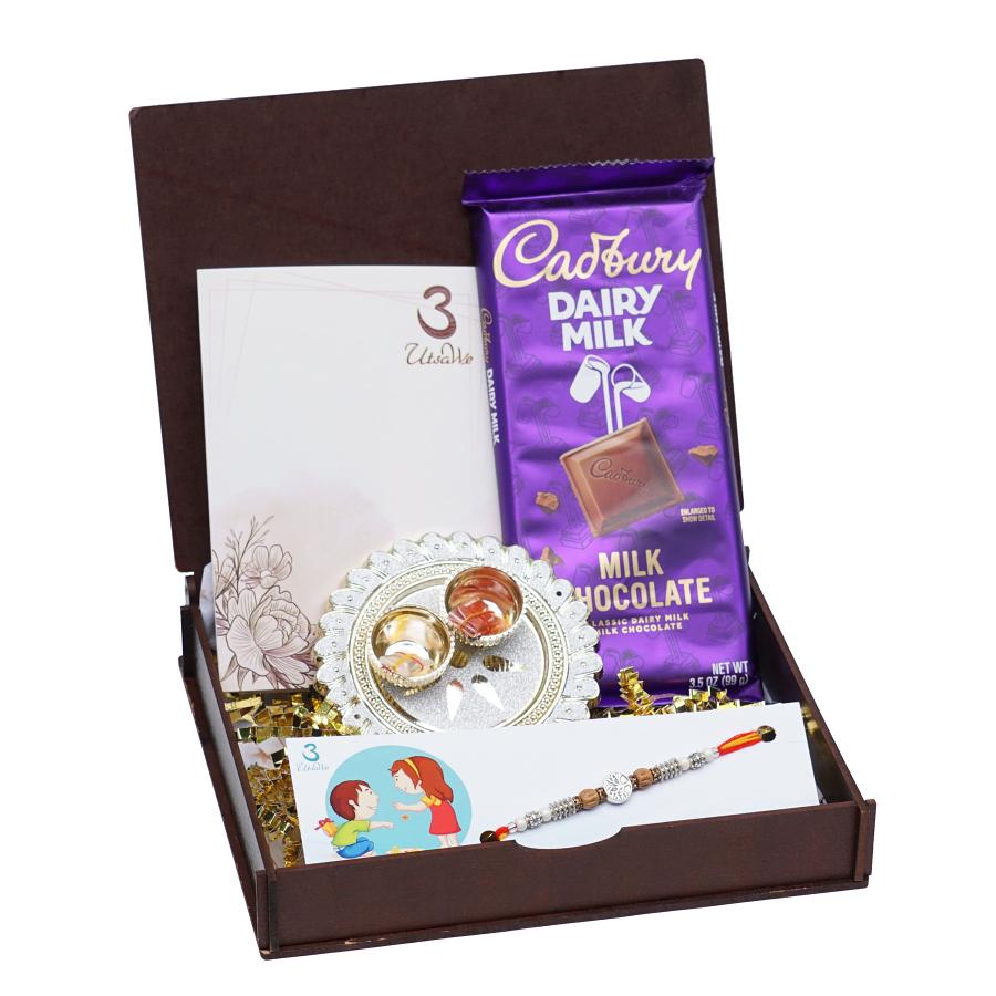 UtsaWe GIFT HAMPER  - Silver Tree Rakhi with Unique Rudraksha Beads