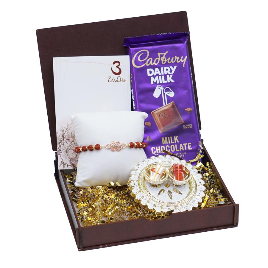 UtsaWe GIFT HAMPER - Rudraksha Bracelet with Golden Bhai Pendent UtsaWe GIFT HAMPER - Rudraksha Bracelet with Golden Bhai Pendent