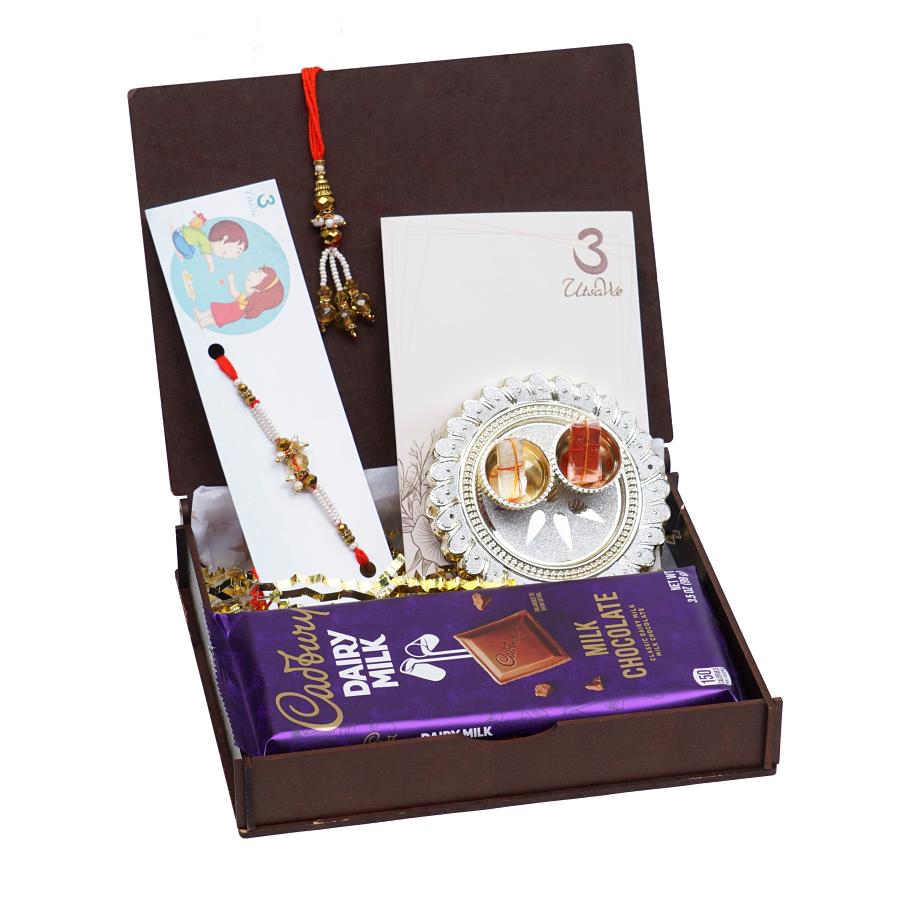 UtsaWe GIFT HAMPER  - Adorable Couple Rakhi With white Beads
