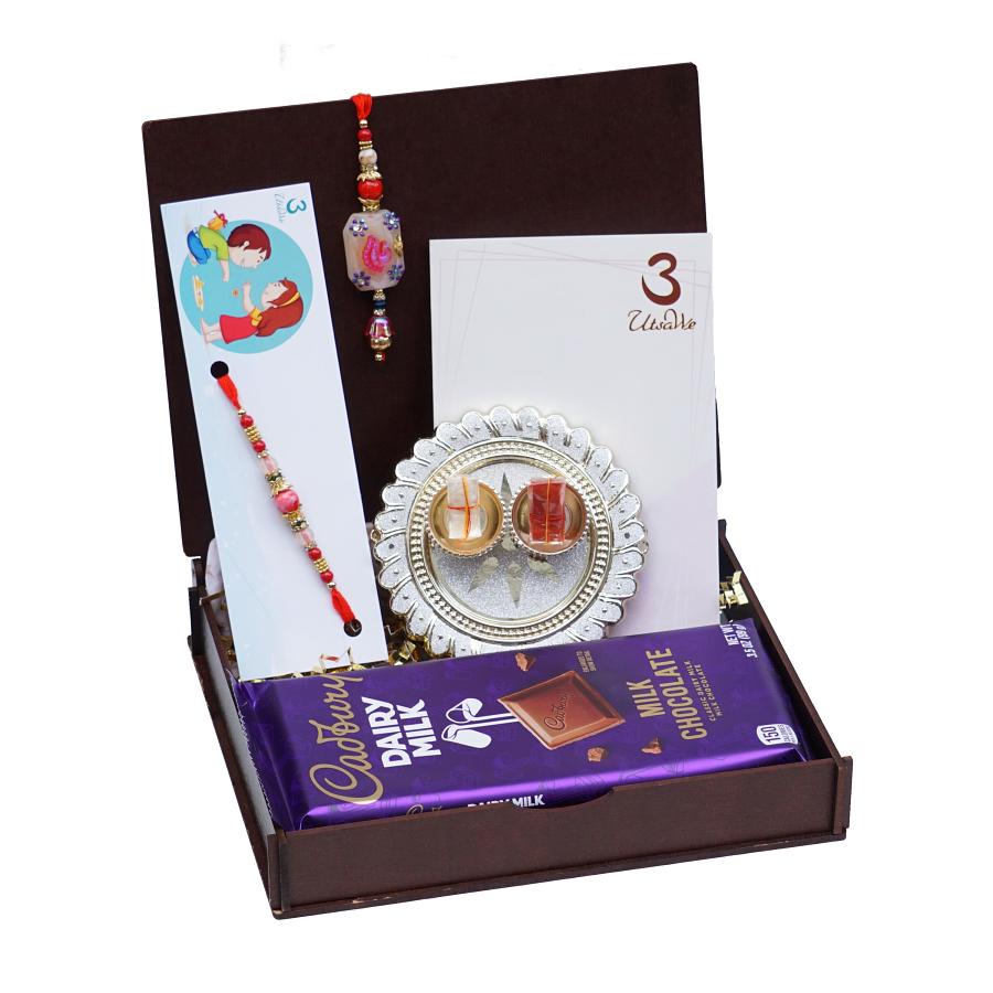 UtsaWe GIFT HAMPER - Beautiful Peacock Couple Rakhi With Shiny Beads