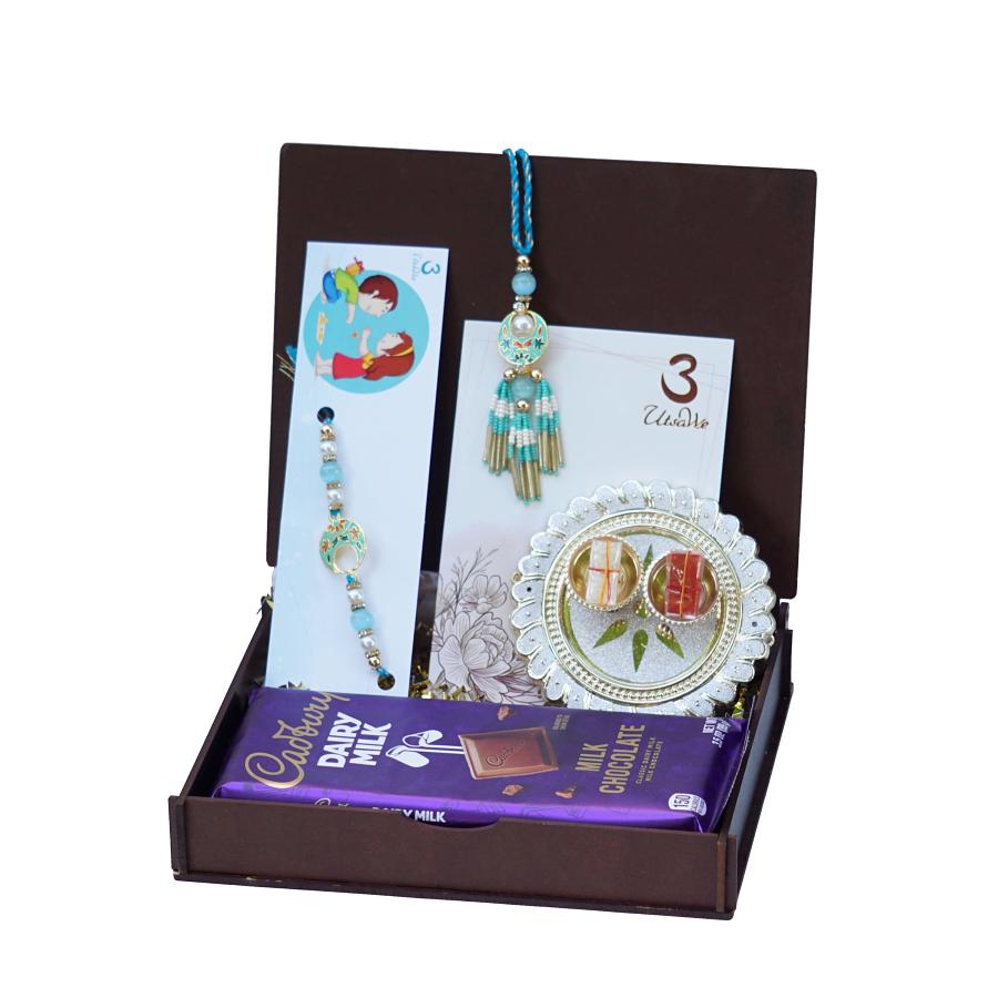 UtsaWe GIFT HAMPER - Blue Mina Lumba Rakhi With Beads Tassel UtsaWe GIFT HAMPER - Blue Mina Lumba Rakhi With Beads Tassel