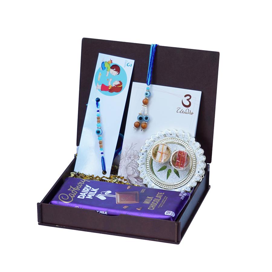 UtsaWe GIFT HAMPER - Couple Evil-Eye Rakhi with Polished Crystal Beads