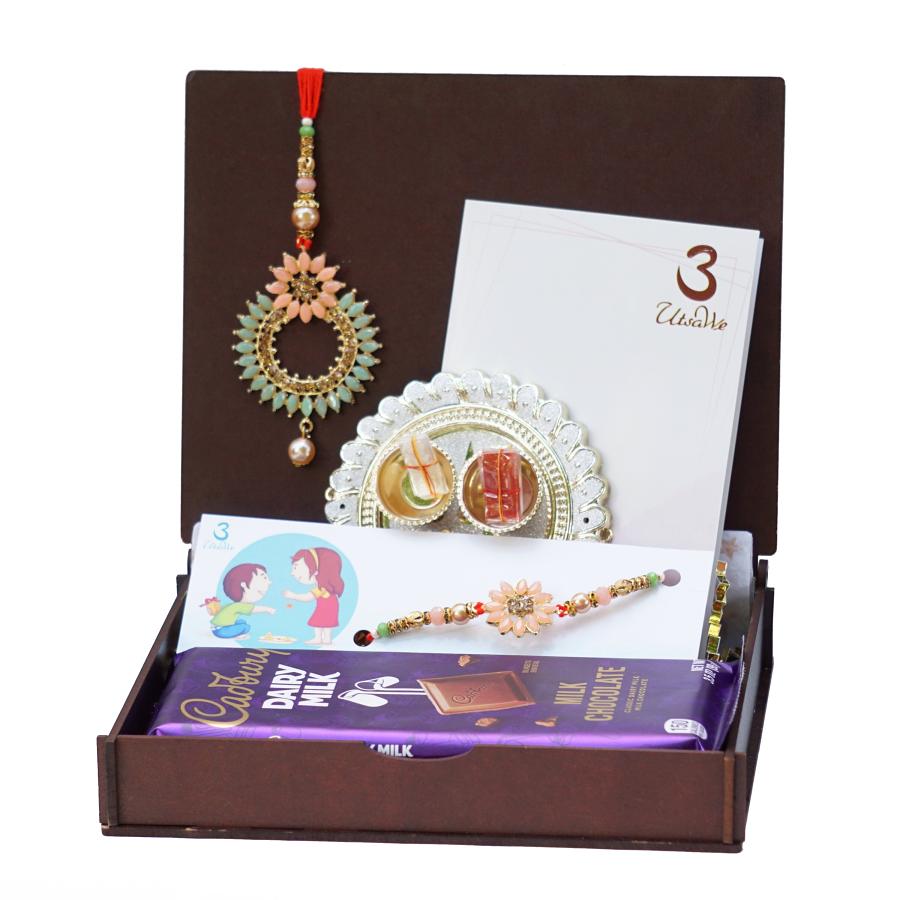 UtsaWe GIFT HAMPER - Fancy Lumba Rakhi With Cool Pista & Peach Color Stone UtsaWe GIFT HAMPER - Fancy Lumba Rakhi With Cool Pista & Peach Color Stone