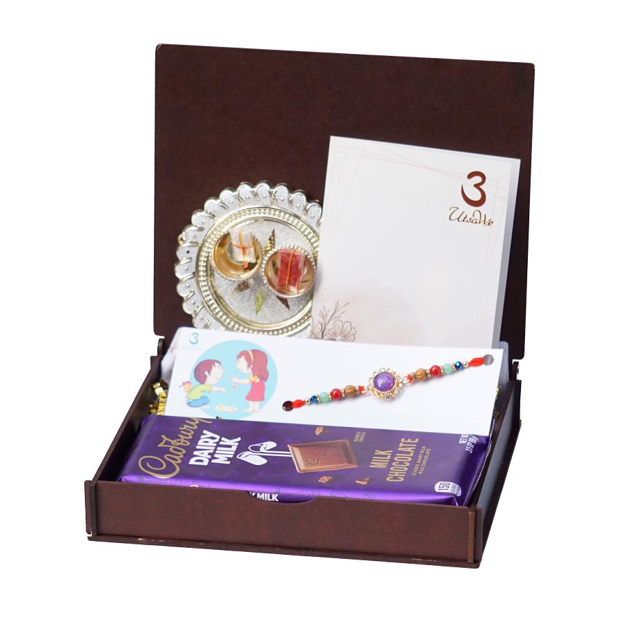 UtsaWe GIFT HAMPER - Royal Purple Rakhi With Handcrafted Ornaments