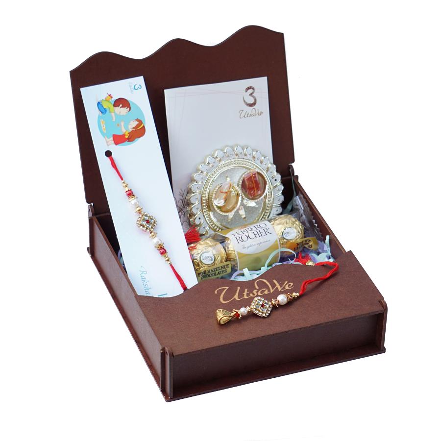 GIFT HAMPER - Simple Kundan Couple Rakhi Surrounded by a Diamond Ring 