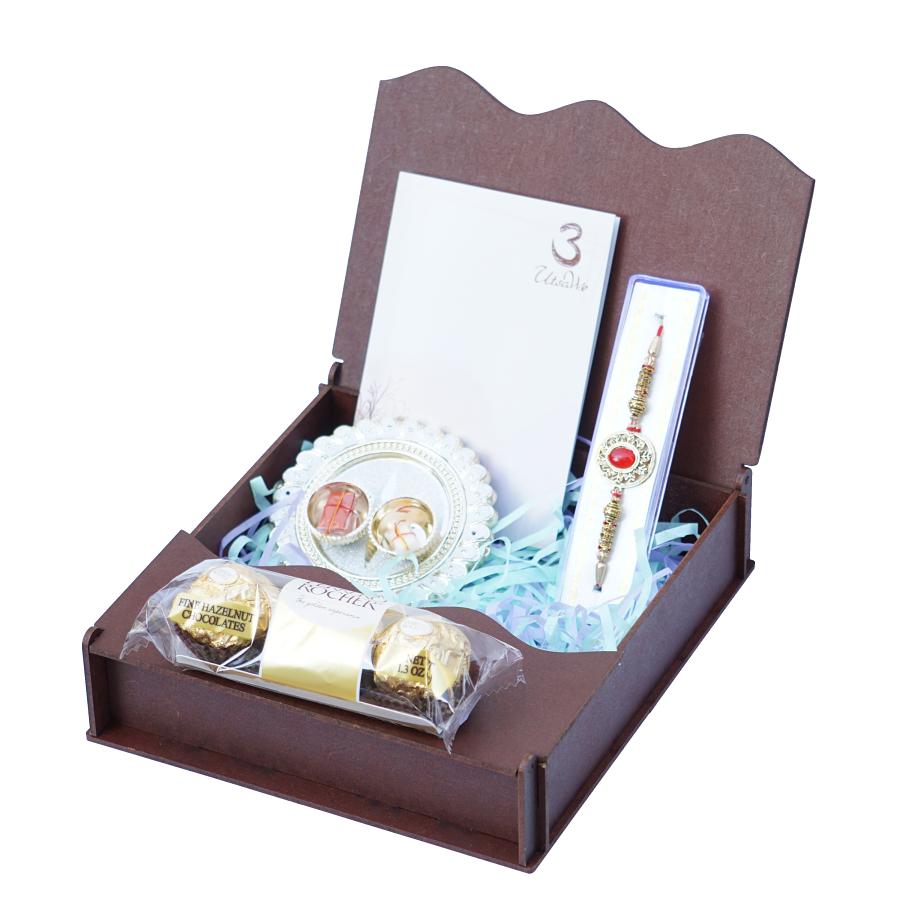 RAKHI Gift Hamper W/ a Ruby Like Stone + Roli, Chaval, Card, Chocolates 