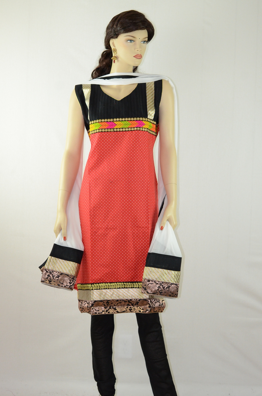 Light Red Black Cotton Readymade Churidar Kameez