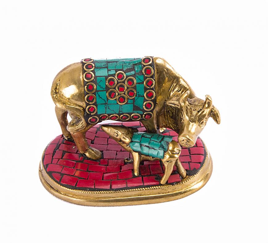 Carved Brass Statue of Kamdhenu Cow with Calf