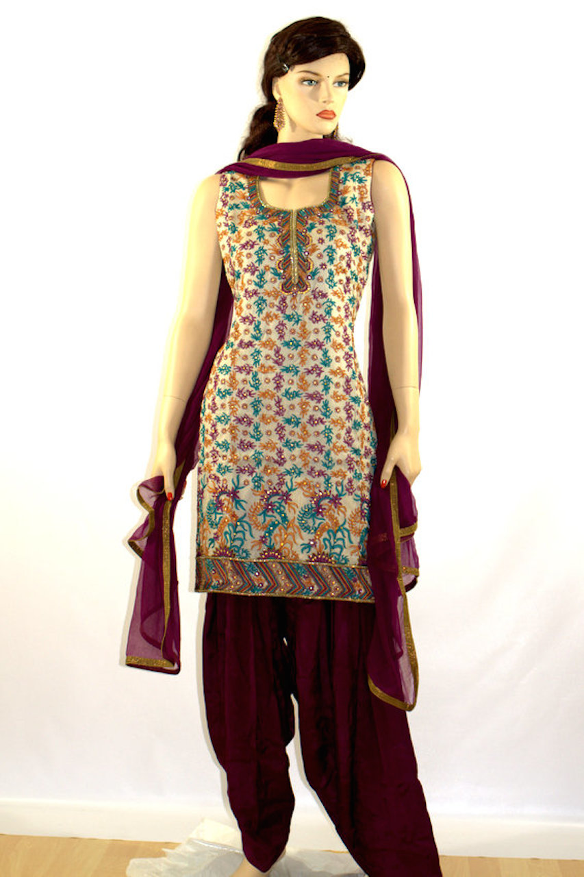 Cream Multi Color thread full work Silk Readymade Patiala Suit Cream Multi Color thread full work Silk Readymade Patiala Suit