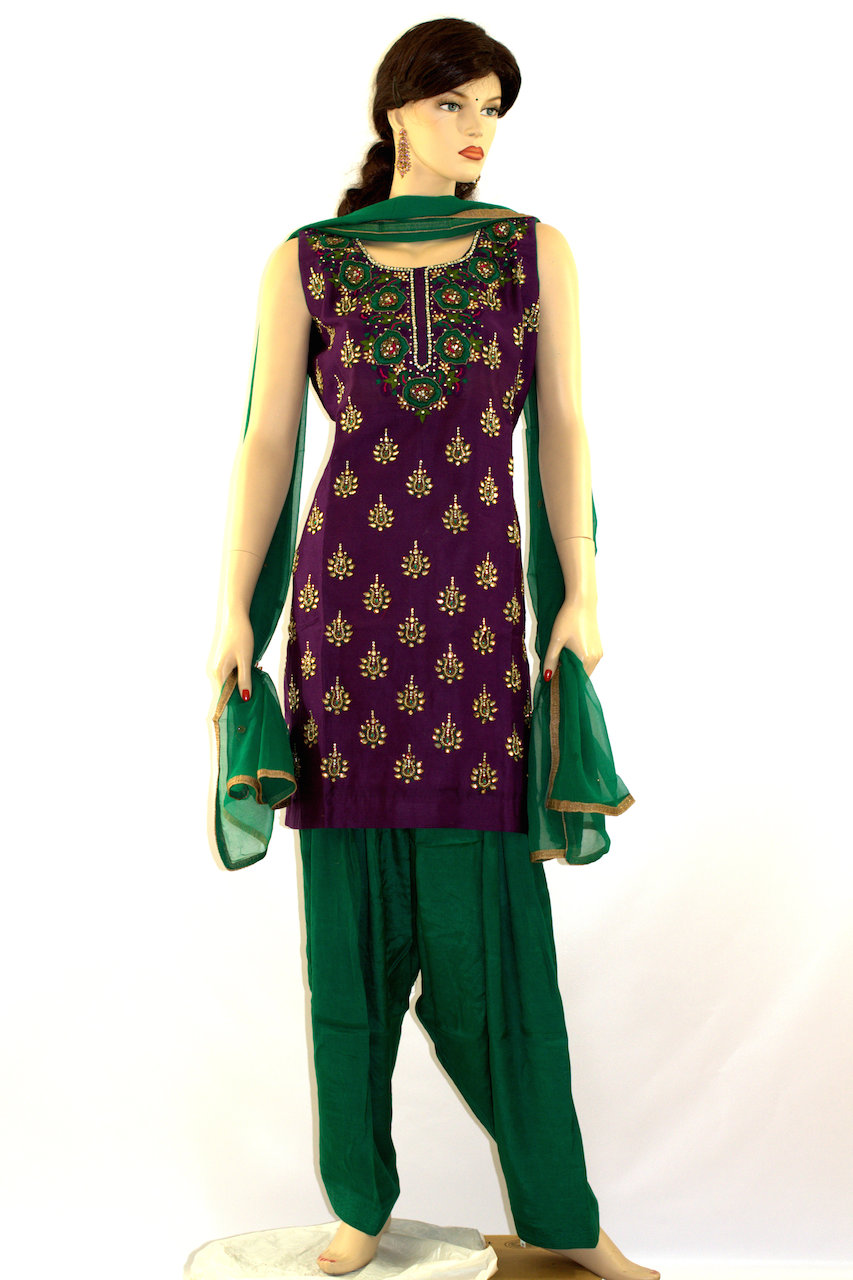 Purple Multi Color thread stones beads work Chanderi Silk Readymade Patiala