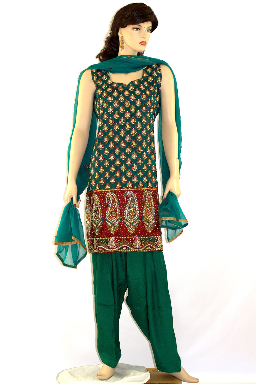 Teal Green w/ stones beads work Chanderi Silk Readymade Patiala Teal Green w/ stones beads work Chanderi Silk Readymade Patiala