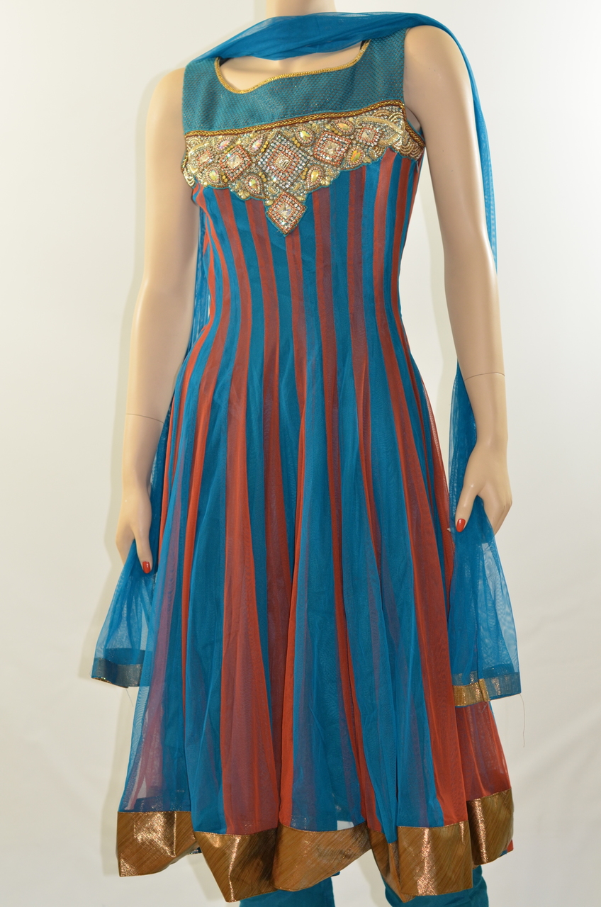 Teal blue & burgundy stripes Net Readymade Salwar Kameez