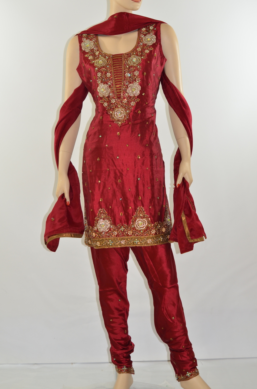 Pure silk red Readymade Churidar Suit w/ Zardozi work #30482 | Buy ...