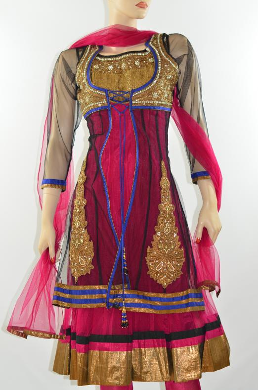 2 Piece Magenta, black, blue Net Readymade Churidar Suit M/L 2 Piece Magenta, black, blue Net Readymade Churidar Suit M/L