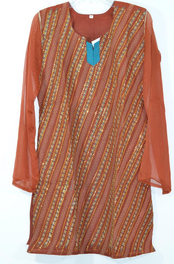 Brown Embroidery Cotton Kurti w/ Full Chiffon Sleeves Size 38/40