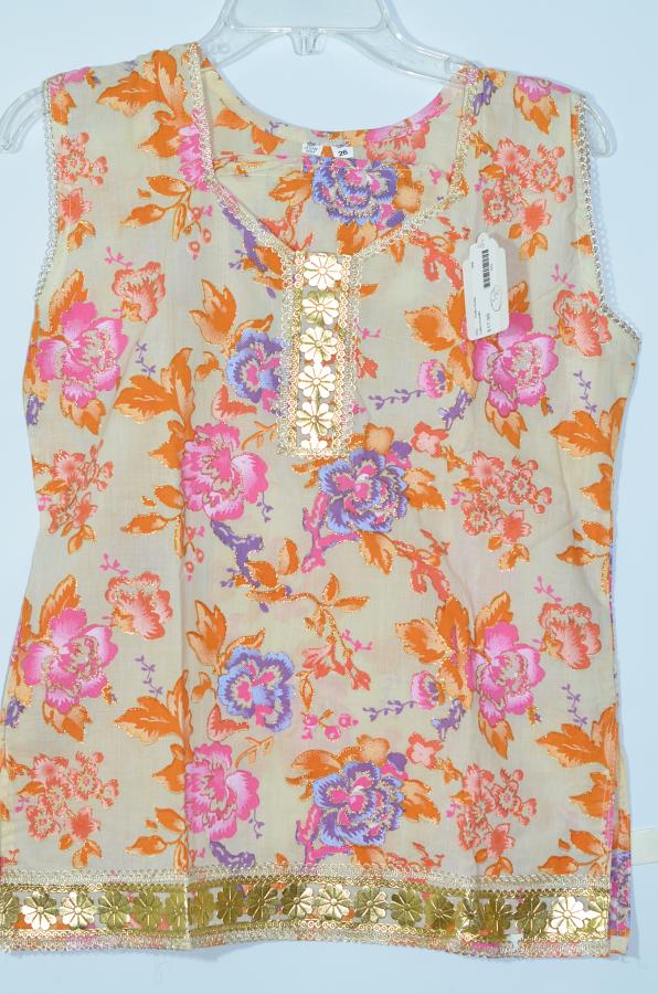 Cream & Multi Colour Short Cotton Kurti Size 36/38