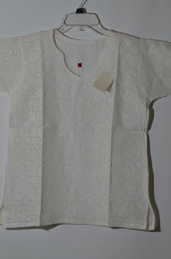 White Chikan Work Cotton Short Kurti Size 36/38
