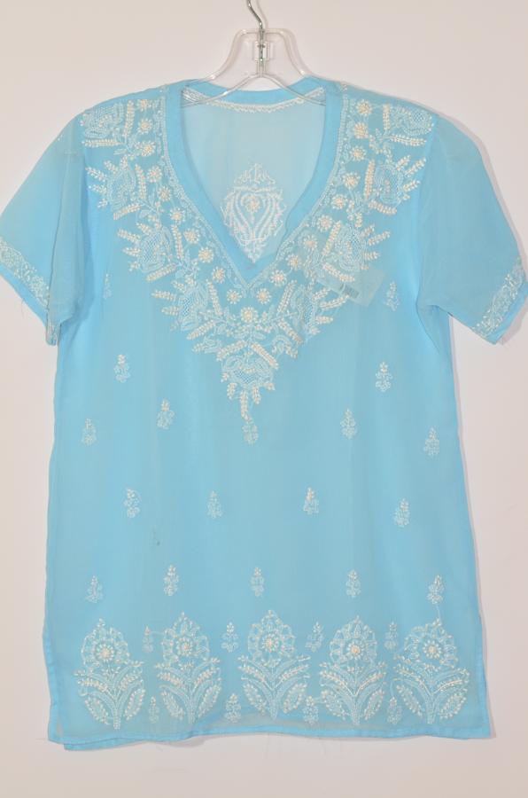 Light Blue Chikan Work Chiffon Short Kurti Size 34/36