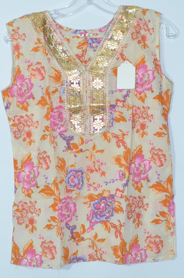 Cream & Multi Colour Short Cotton Kurti Size 36/38