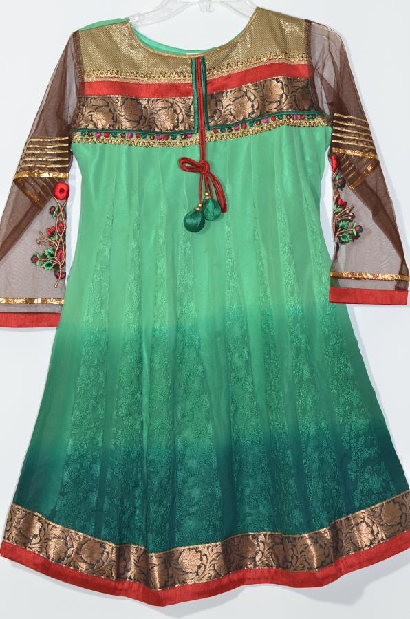 Teal Green Chiffon Kurti w/ Net Sleves & Thread Work Jaquard Size 34/36