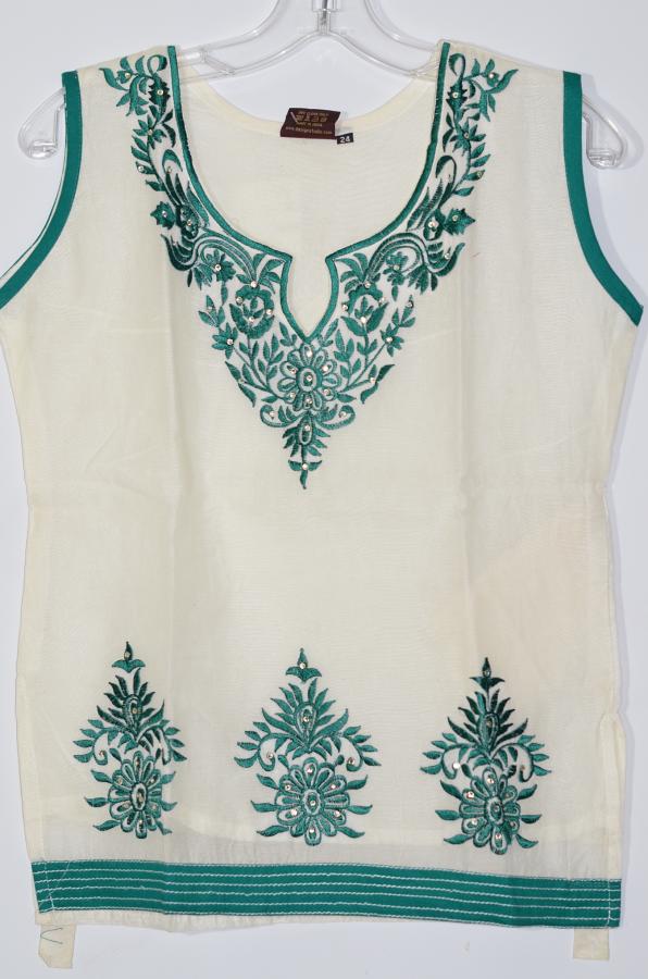 Half White Green Embroidery Cotton Short Kurti 34/36