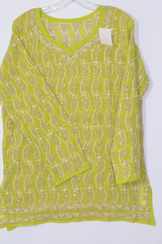 Green & Light Purple Color Chiffon Short Kurti W/ Chikan Work ( L 42 )